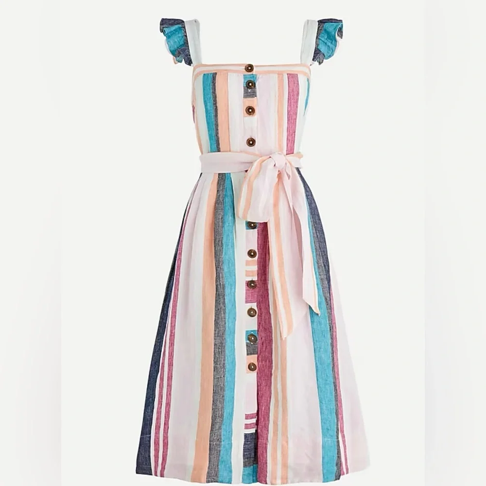 J CREW Linen Button-up midi dress in mixed stripe Multicolor Sleeveless Lined - Picture 3 of 15